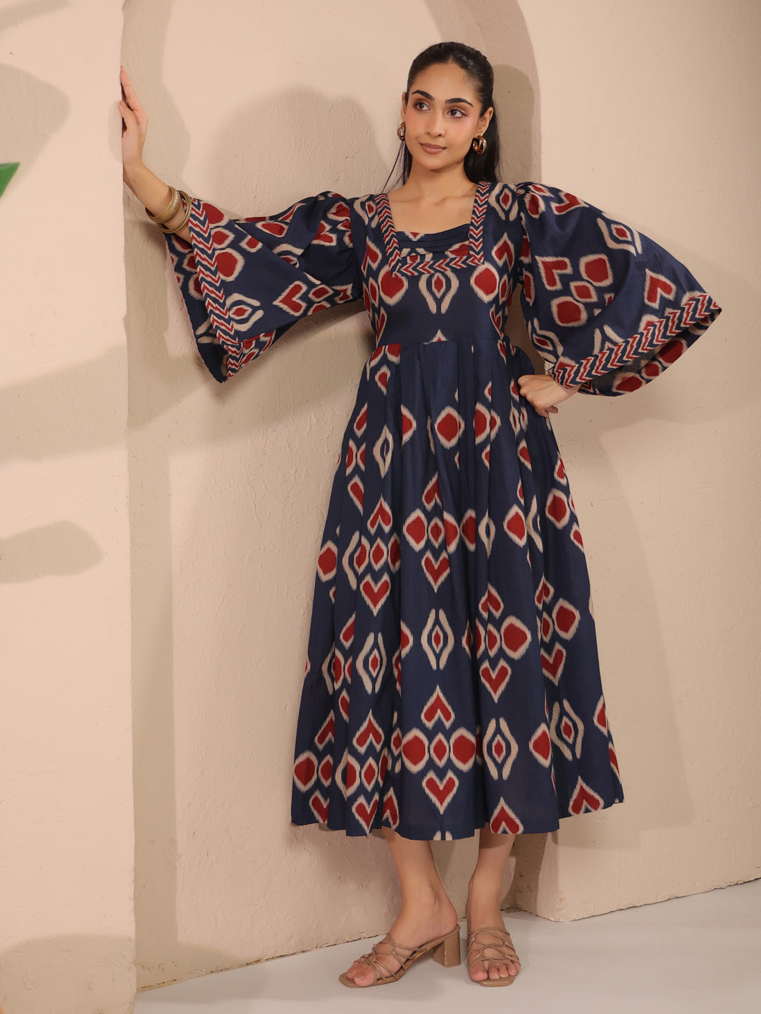 Blue Ikat Printed Cotton Corset-Style Midi Dress