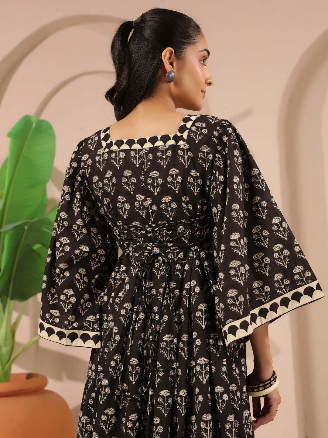 Black Floral Printed Cotton Corset-Style Midi Dress