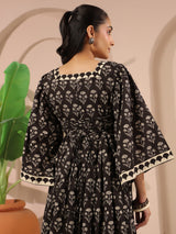 Black Floral Printed Cotton Corset-Style Midi Dress