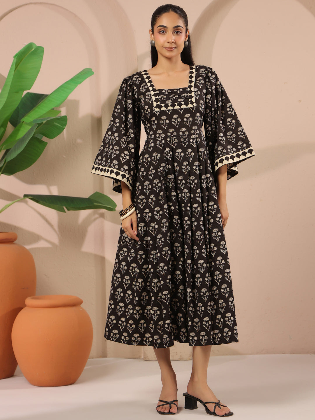 Black Floral Printed Cotton Corset-Style Midi Dress