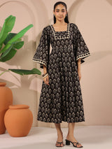 Black Floral Printed Cotton Corset-Style Midi Dress