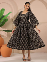 Black Floral Printed Cotton Corset-Style Midi Dress