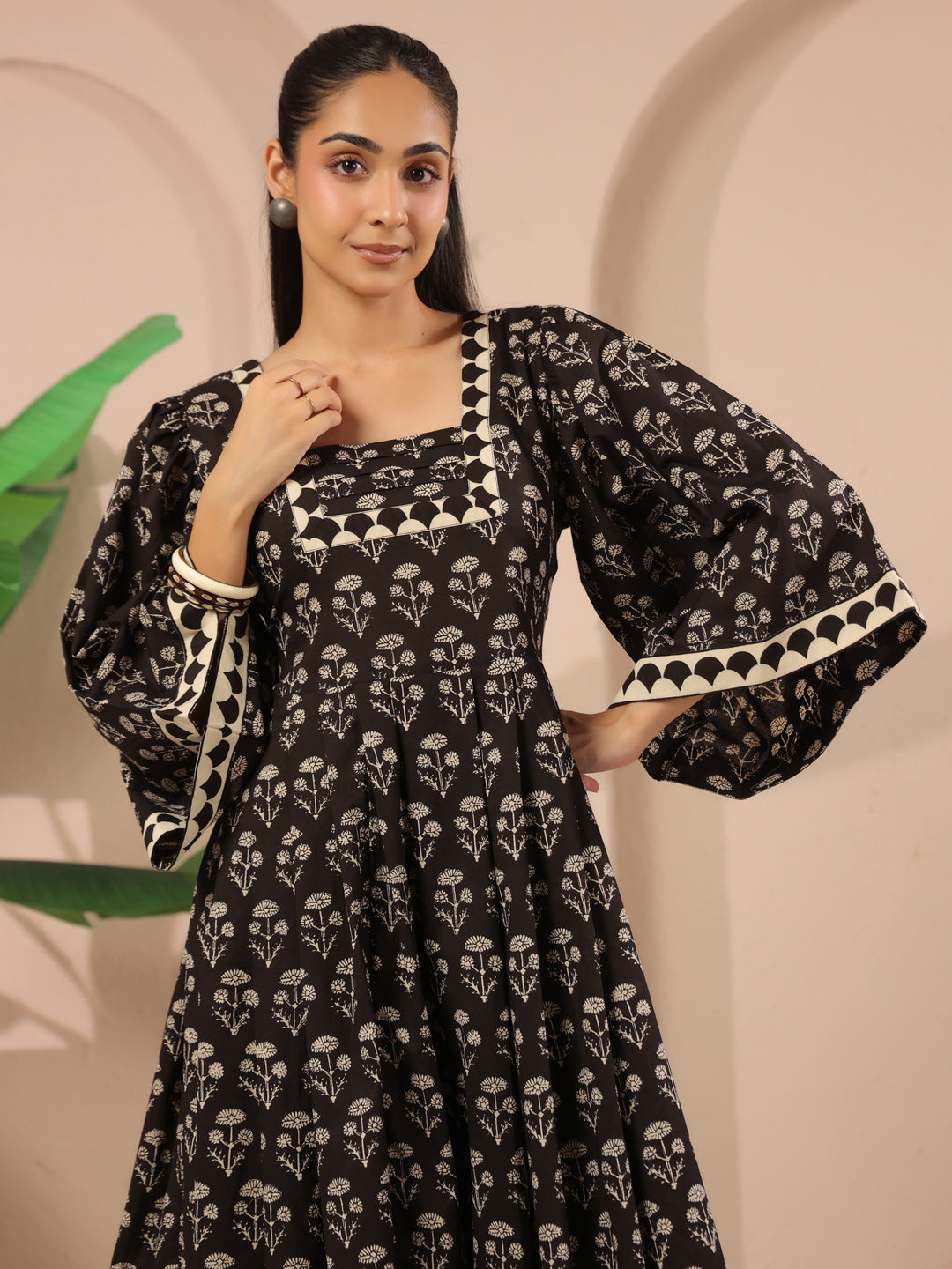 Black Floral Printed Cotton Corset-Style Midi Dress