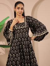 Black Floral Printed Cotton Corset-Style Midi Dress