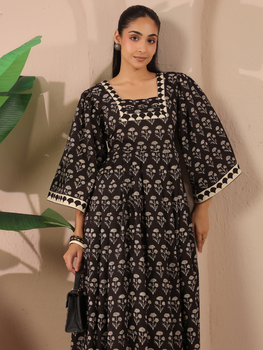 Black Floral Printed Cotton Corset-Style Midi Dress
