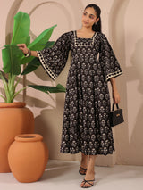 Black Floral Printed Cotton Corset-Style Midi Dress