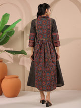 Black Ajrakh Printed Cotton Midi Dress
