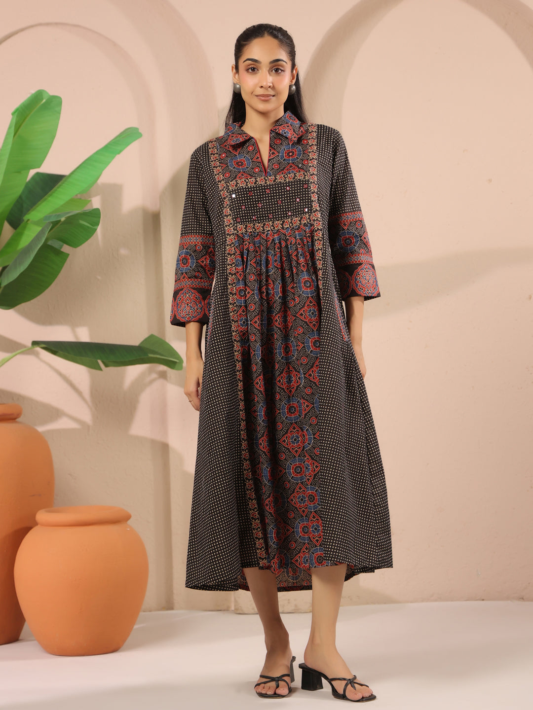Black Ajrakh Printed Cotton Midi Dress