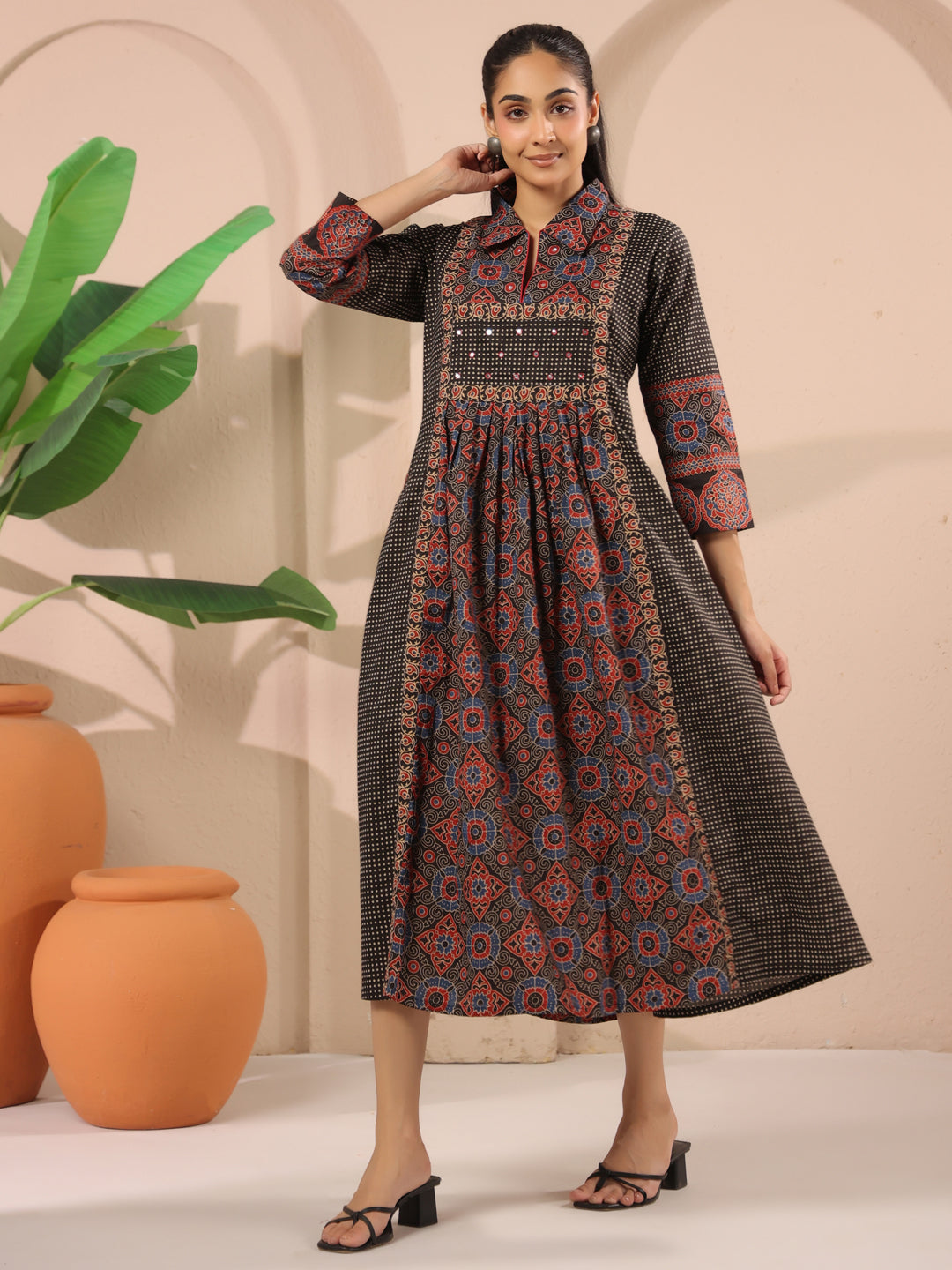 Black Ajrakh Printed Cotton Midi Dress