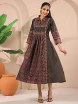Black Ajrakh Printed Cotton Midi Dress