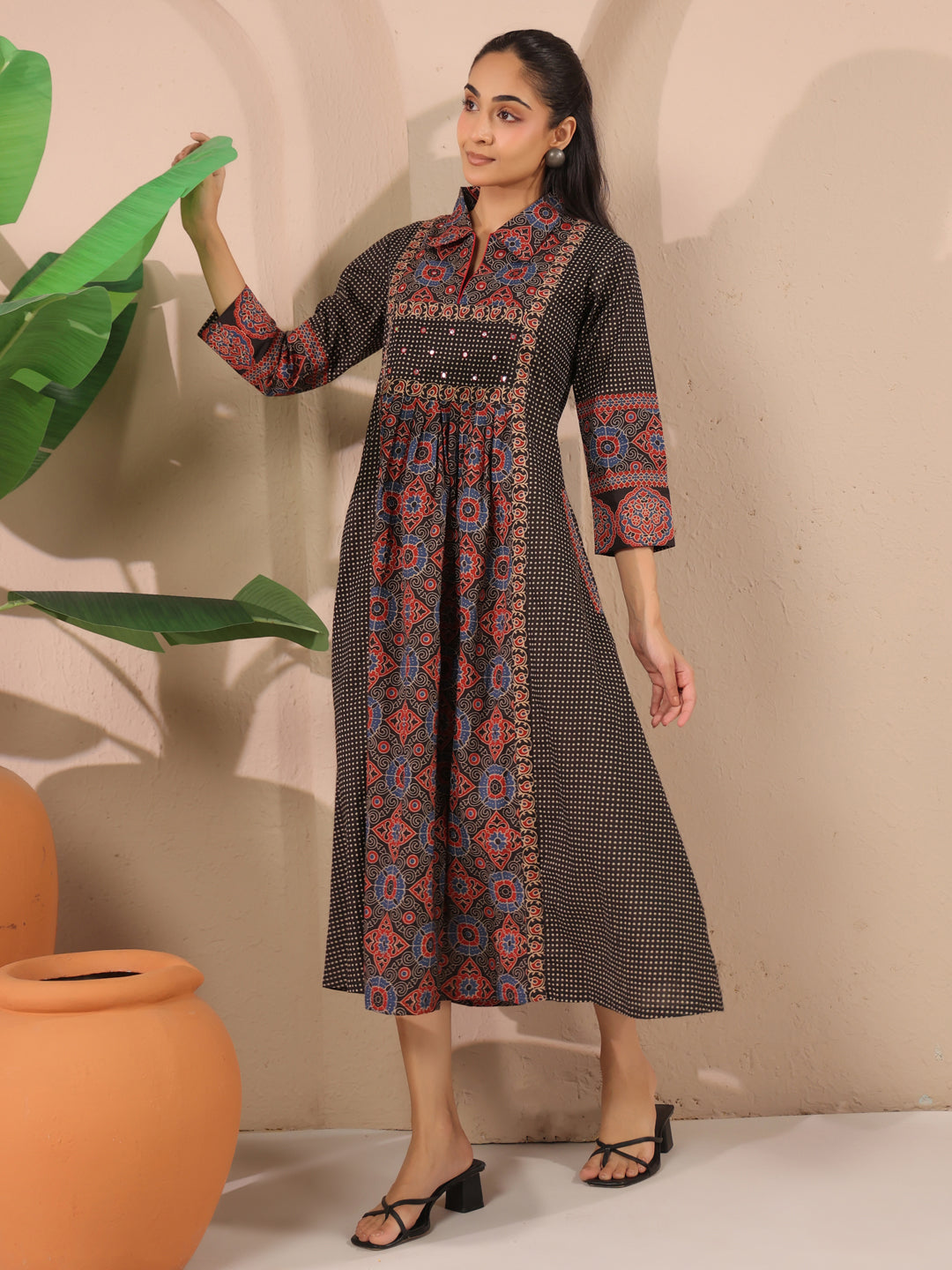 Black Ajrakh Printed Cotton Midi Dress