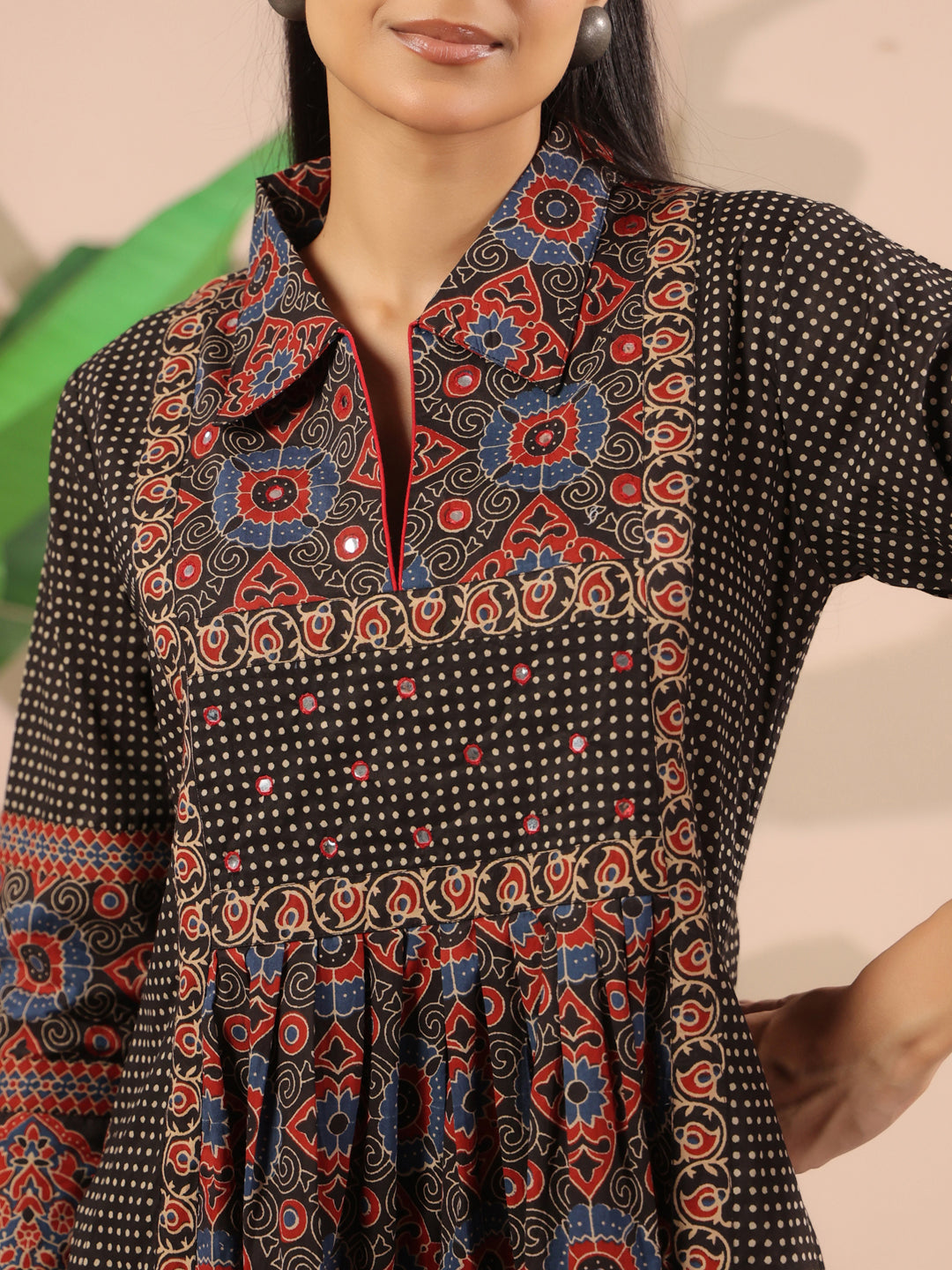 Black Ajrakh Printed Cotton Midi Dress