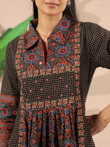 Black Ajrakh Printed Cotton Midi Dress