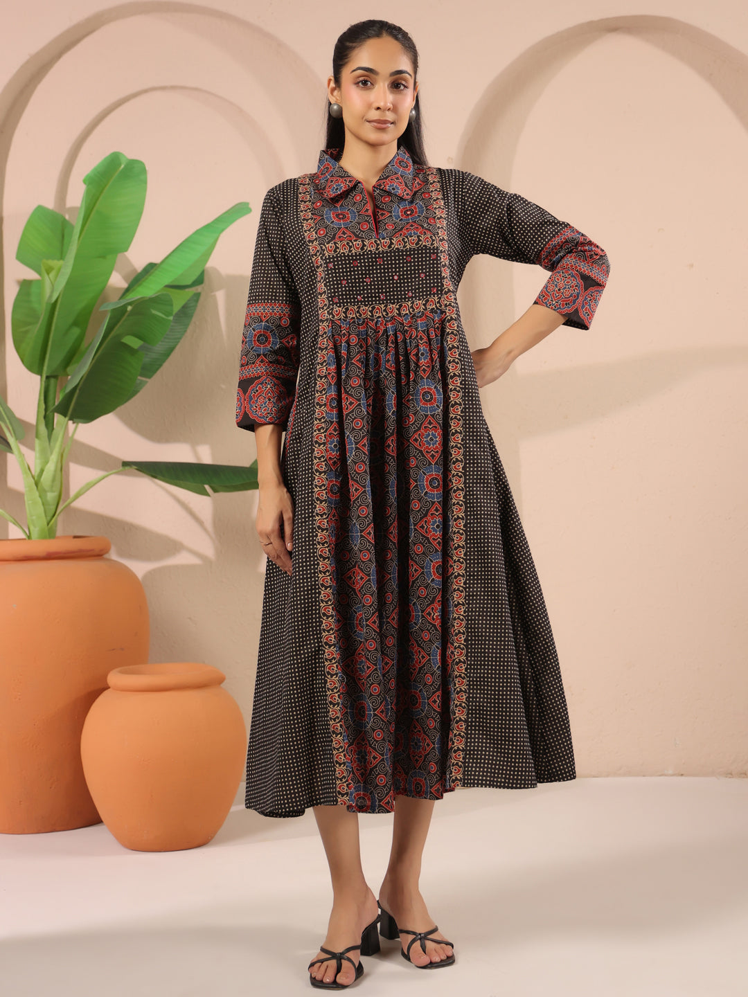 Black Ajrakh Printed Cotton Midi Dress