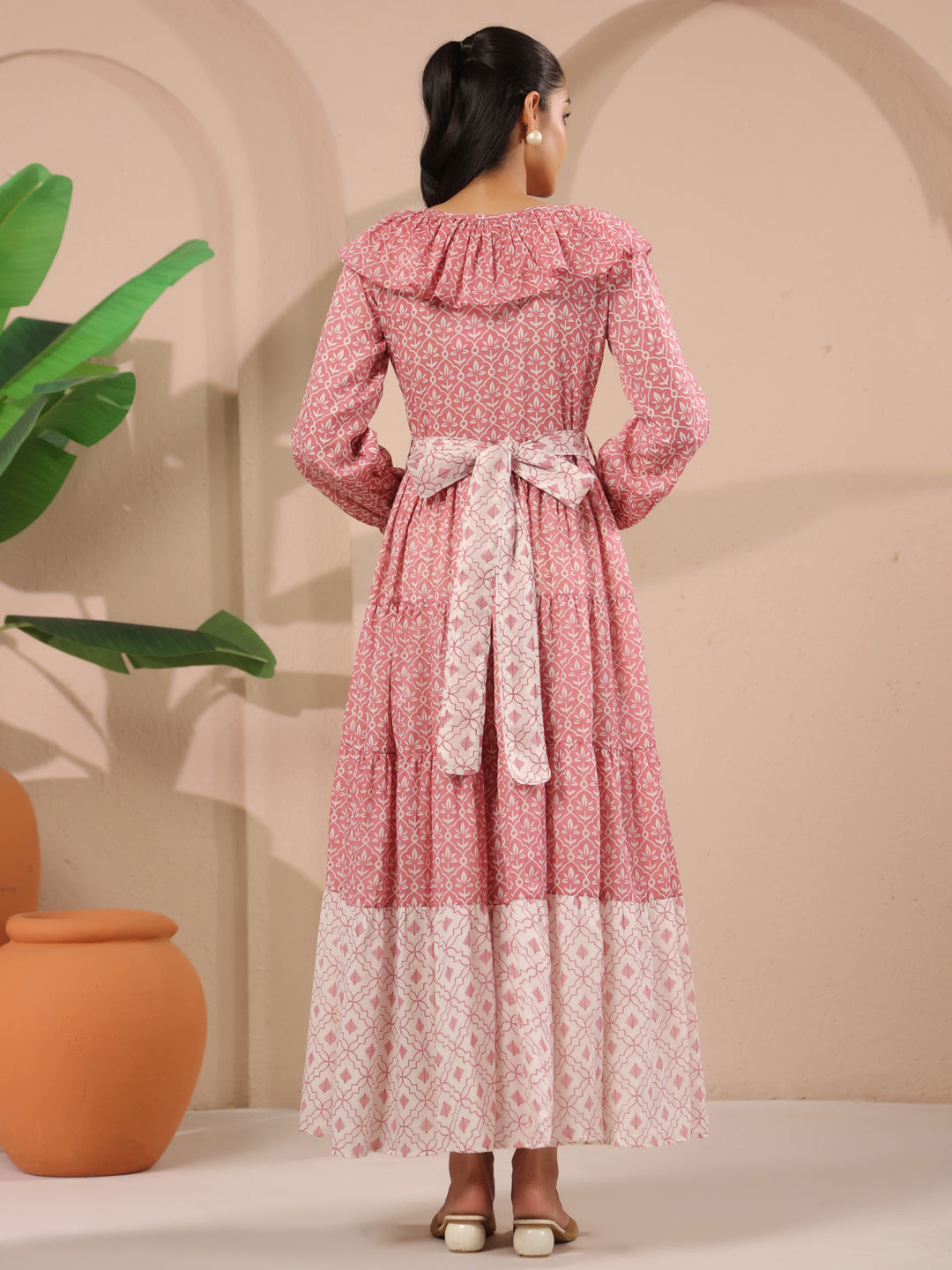 Pink Printed Cotton Maxi Tier Dress with Belt
