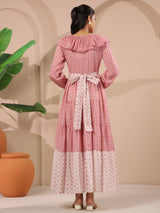 Pink Printed Cotton Maxi Tier Dress with Belt