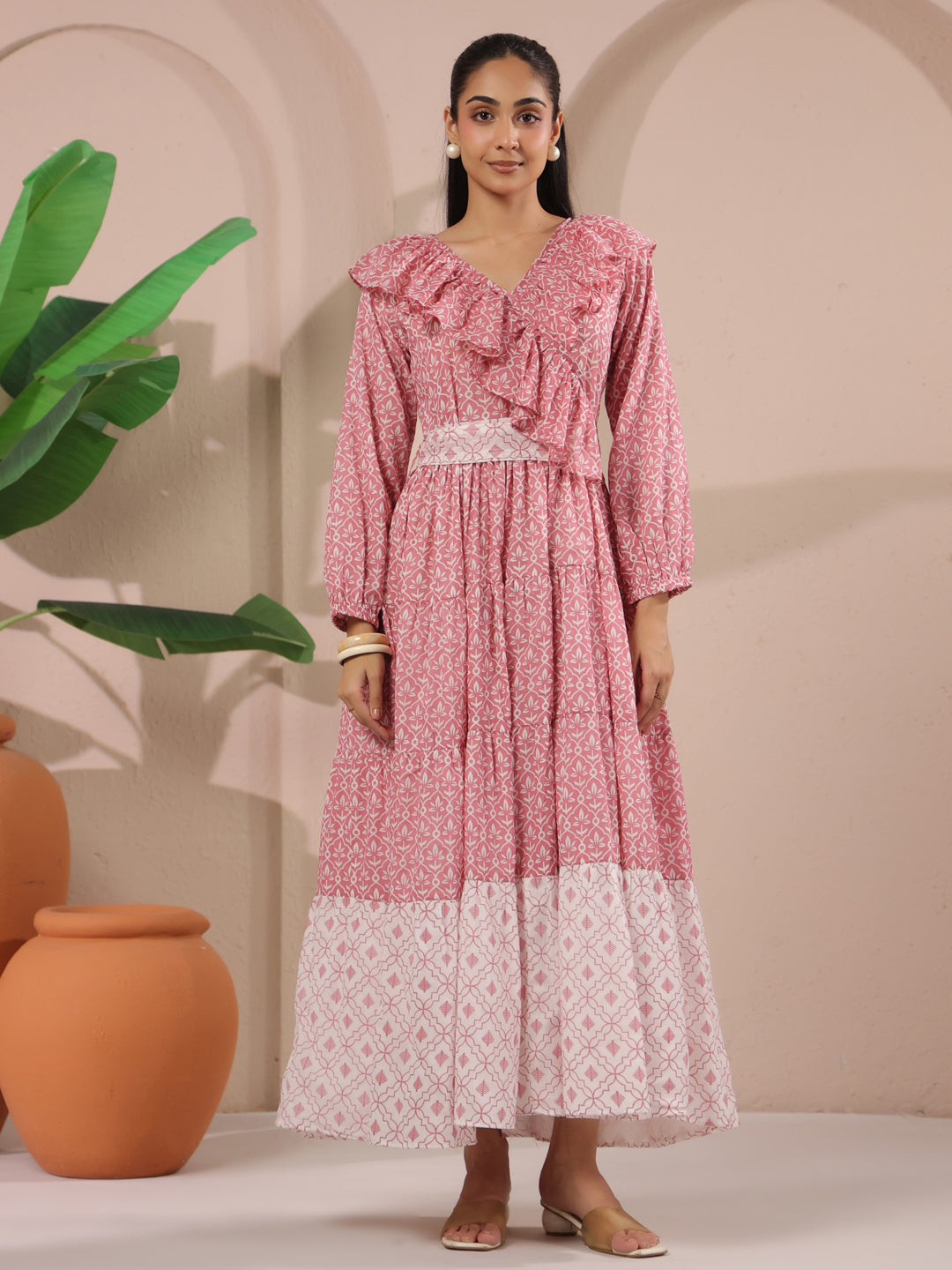Pink Printed Cotton Maxi Tier Dress with Belt