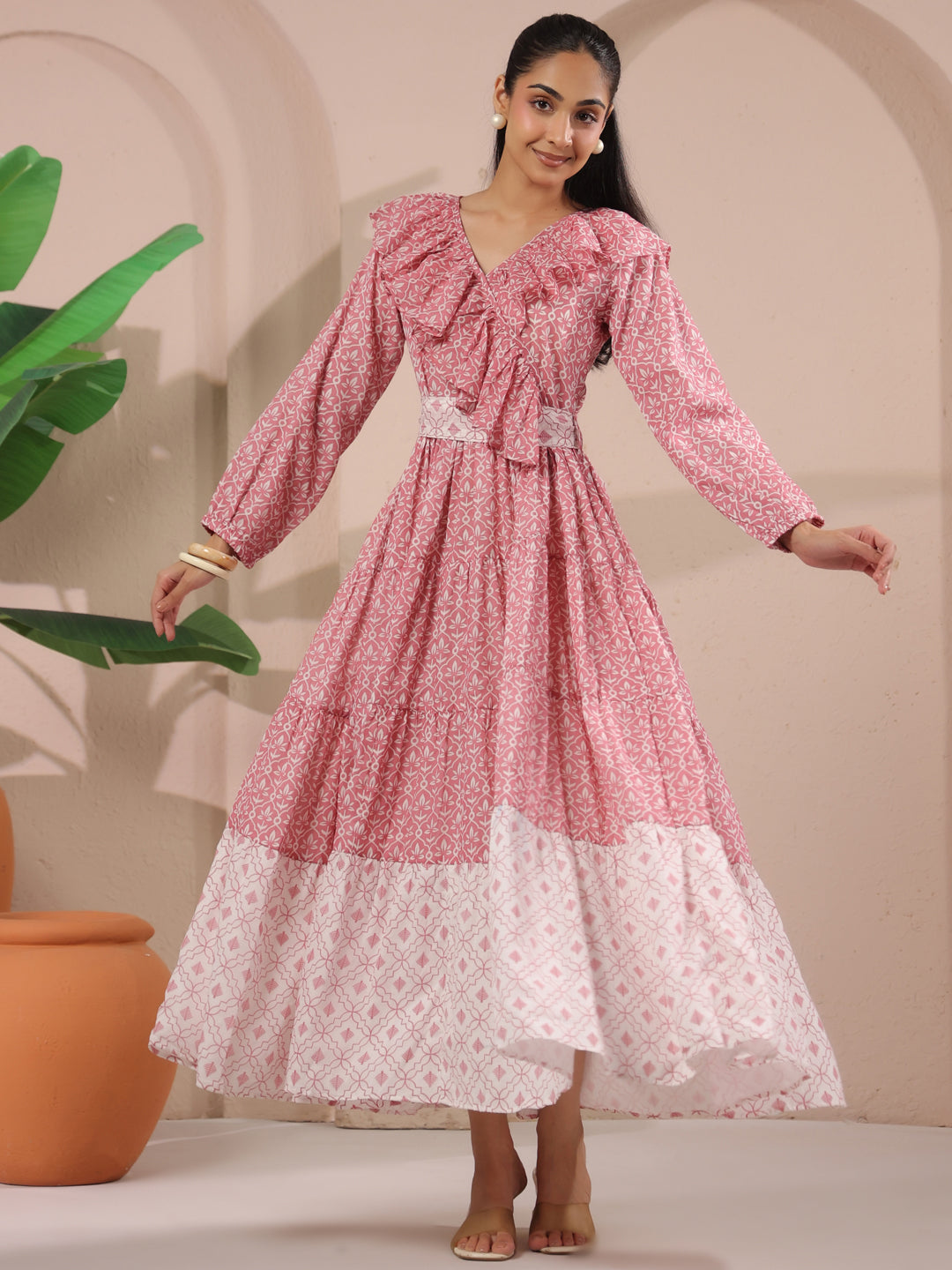 Pink Printed Cotton Maxi Tier Dress with Belt