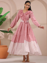 Pink Printed Cotton Maxi Tier Dress with Belt
