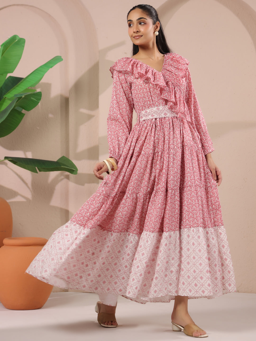 Pink Printed Cotton Maxi Tier Dress with Belt