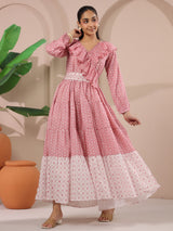Pink Printed Cotton Maxi Tier Dress with Belt