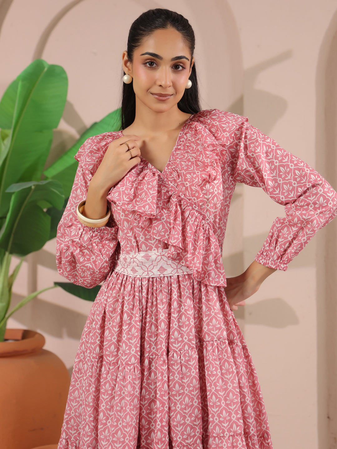 Pink Printed Cotton Maxi Tier Dress with Belt