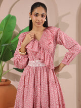 Pink Printed Cotton Maxi Tier Dress with Belt