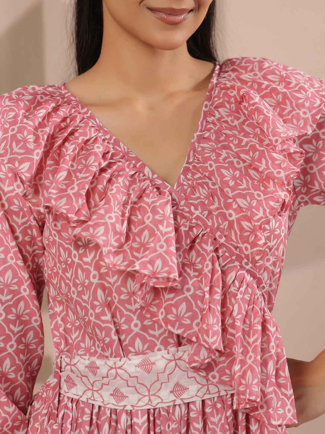 Pink Printed Cotton Maxi Tier Dress with Belt