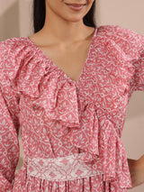 Pink Printed Cotton Maxi Tier Dress with Belt