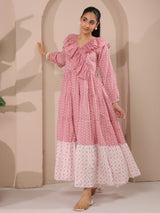 Pink Printed Cotton Maxi Tier Dress with Belt