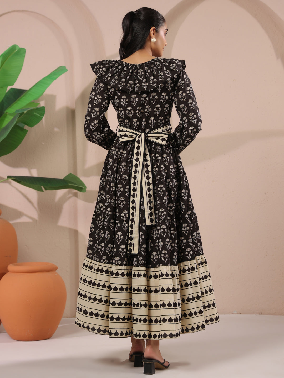 Black Printed Cotton Maxi Tier Dress with Belt