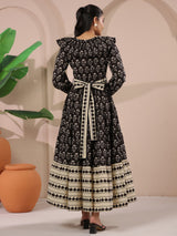 Black Printed Cotton Maxi Tier Dress with Belt