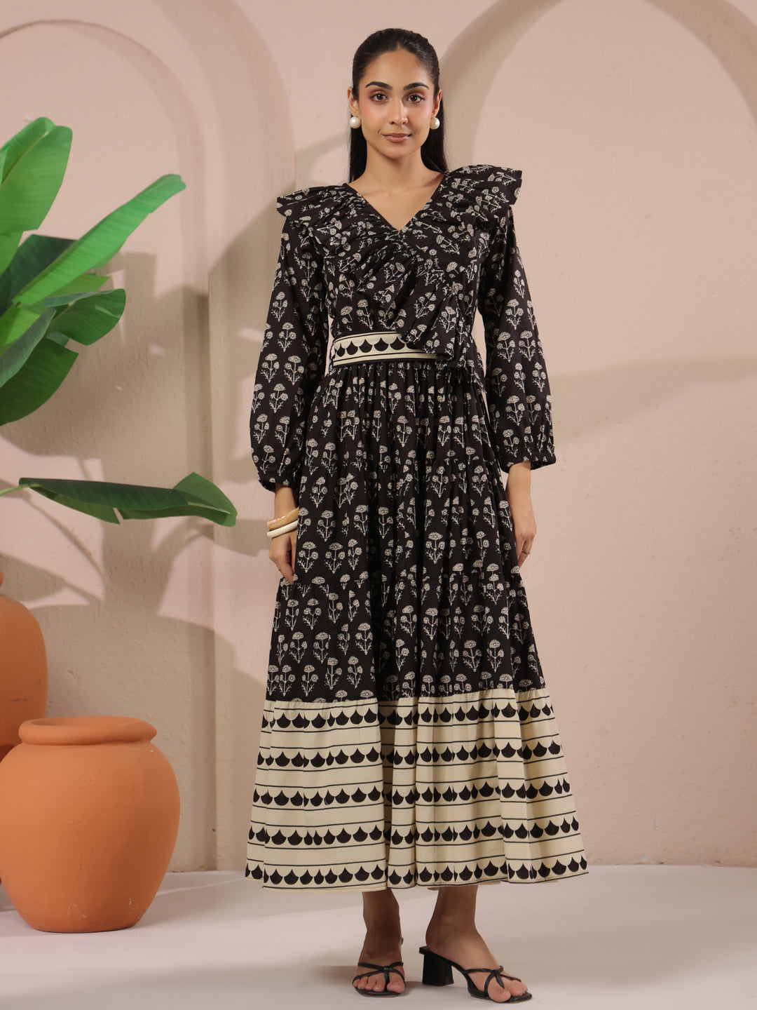 Black Printed Cotton Maxi Tier Dress with Belt