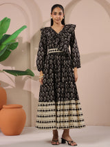 Black Printed Cotton Maxi Tier Dress with Belt