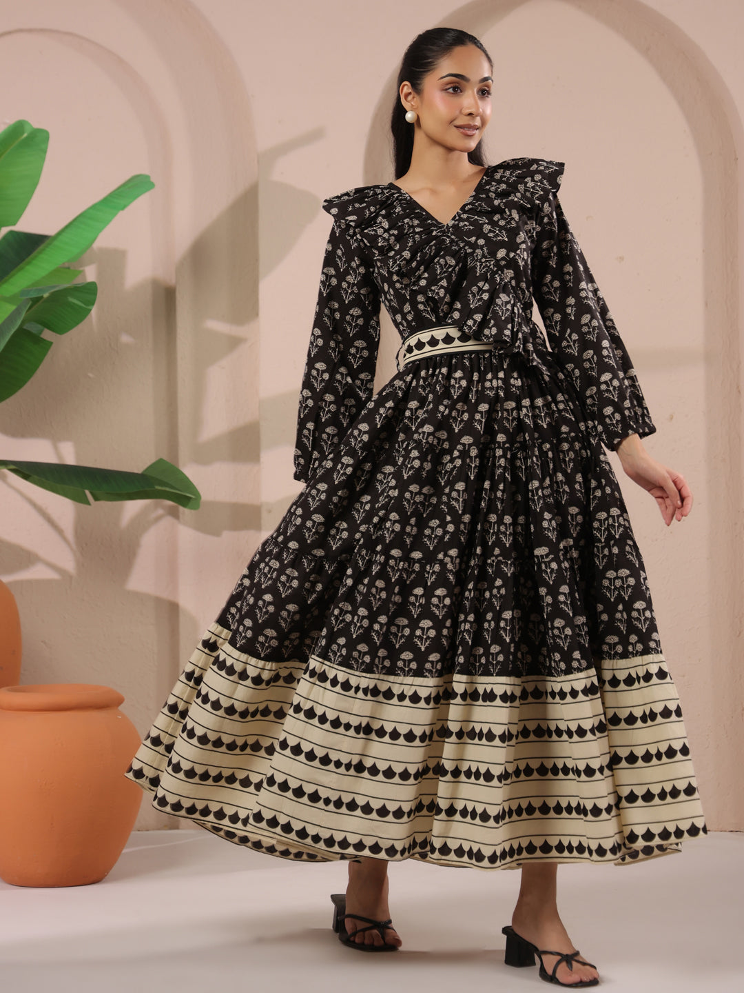 Black Printed Cotton Maxi Tier Dress with Belt