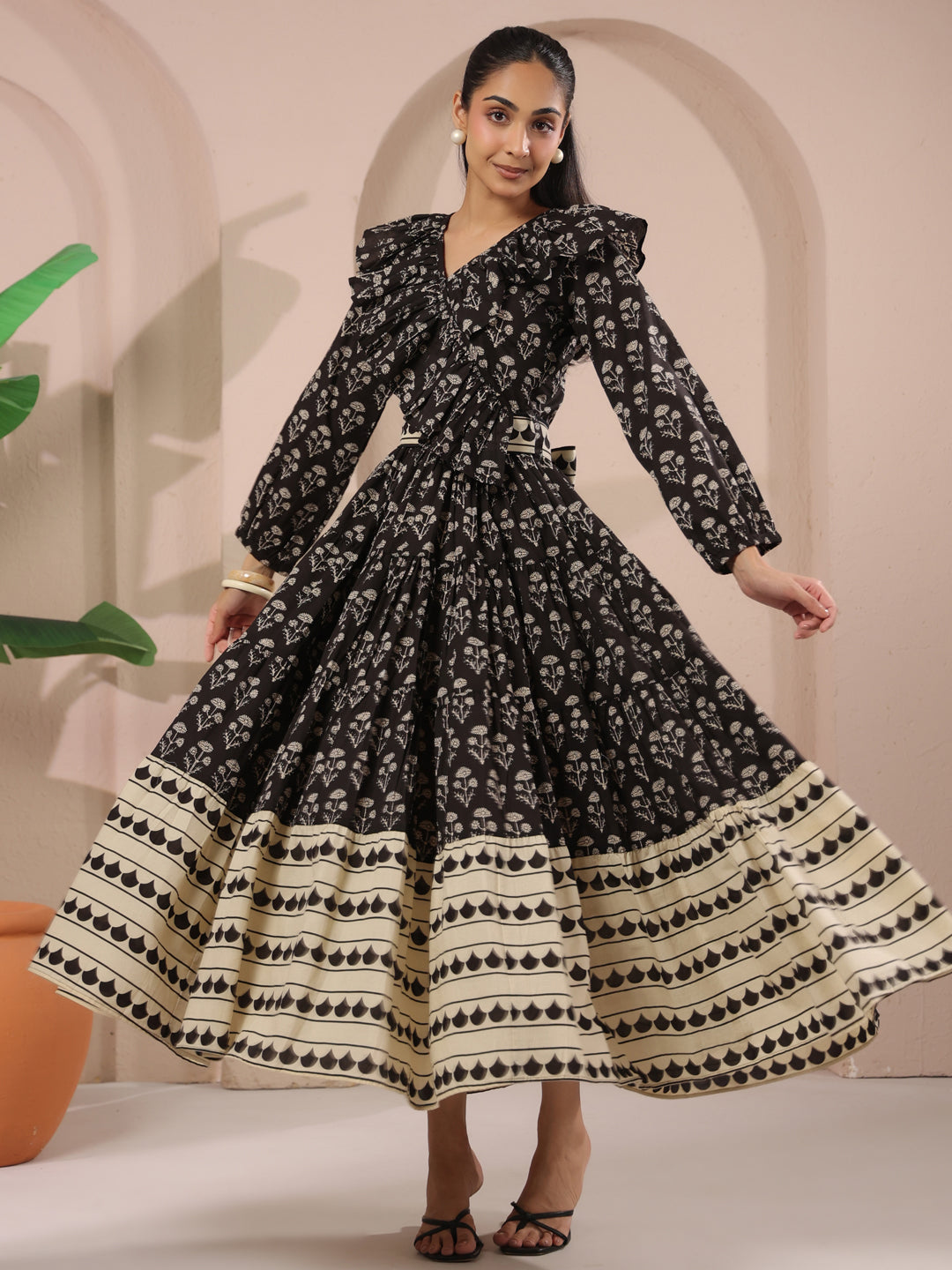 Black Printed Cotton Maxi Tier Dress with Belt