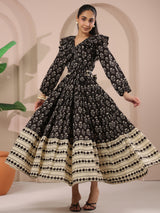 Black Printed Cotton Maxi Tier Dress with Belt