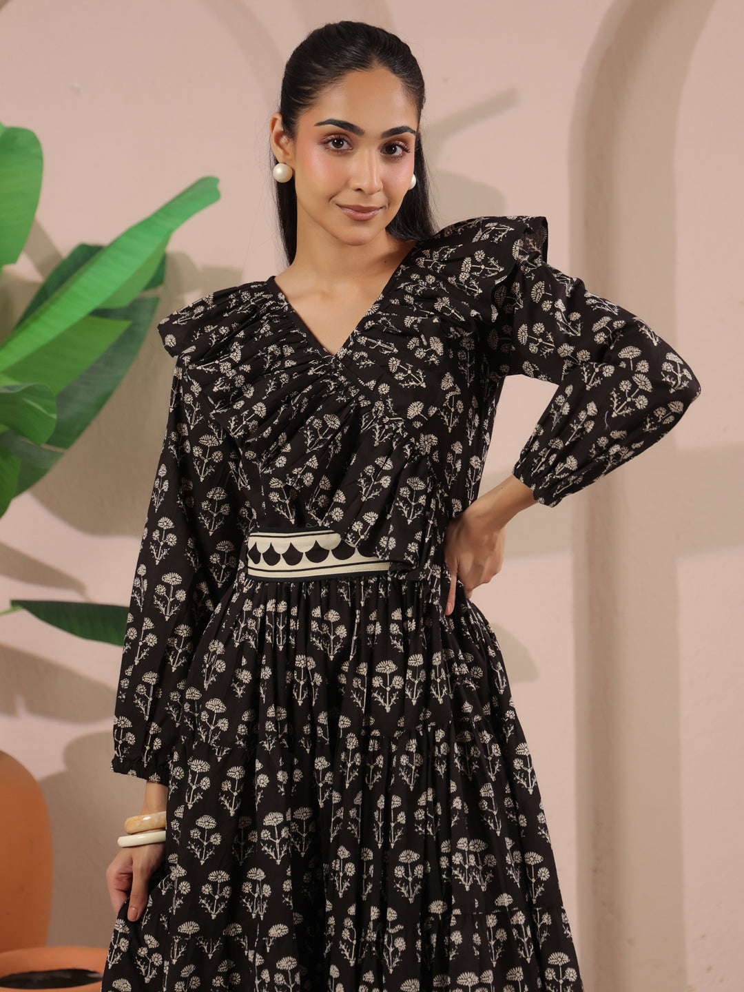 Black Printed Cotton Maxi Tier Dress with Belt