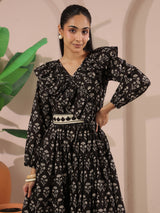 Black Printed Cotton Maxi Tier Dress with Belt