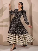Black Printed Cotton Maxi Tier Dress with Belt