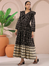 Black Printed Cotton Maxi Tier Dress with Belt