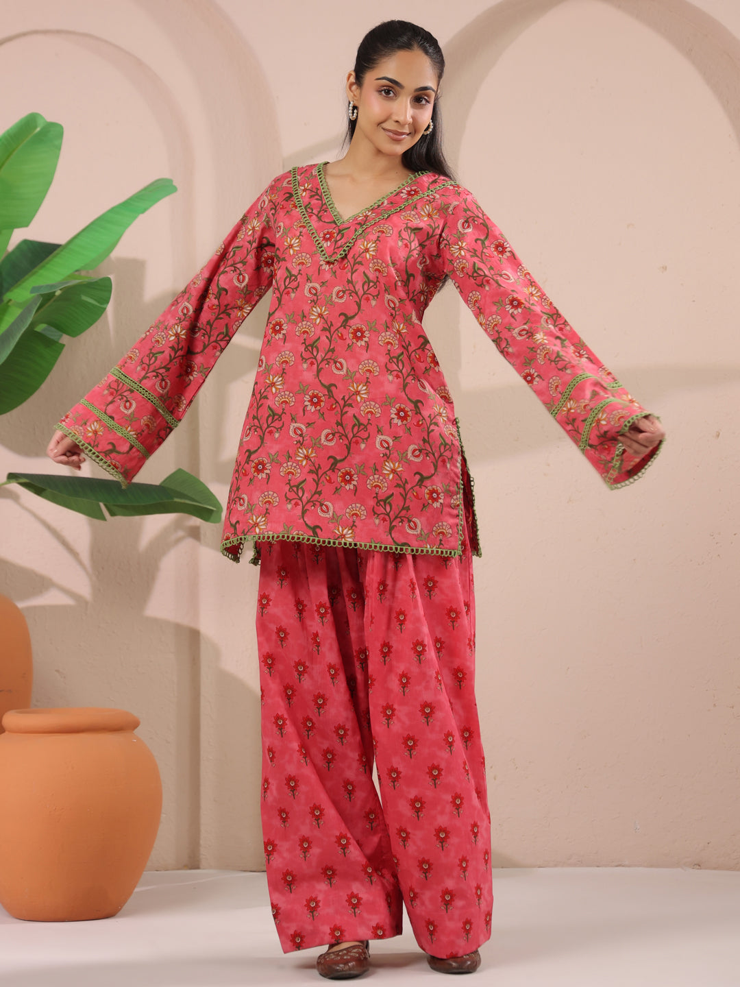Pink Floral Printed Cotton Farshi Salwar Set