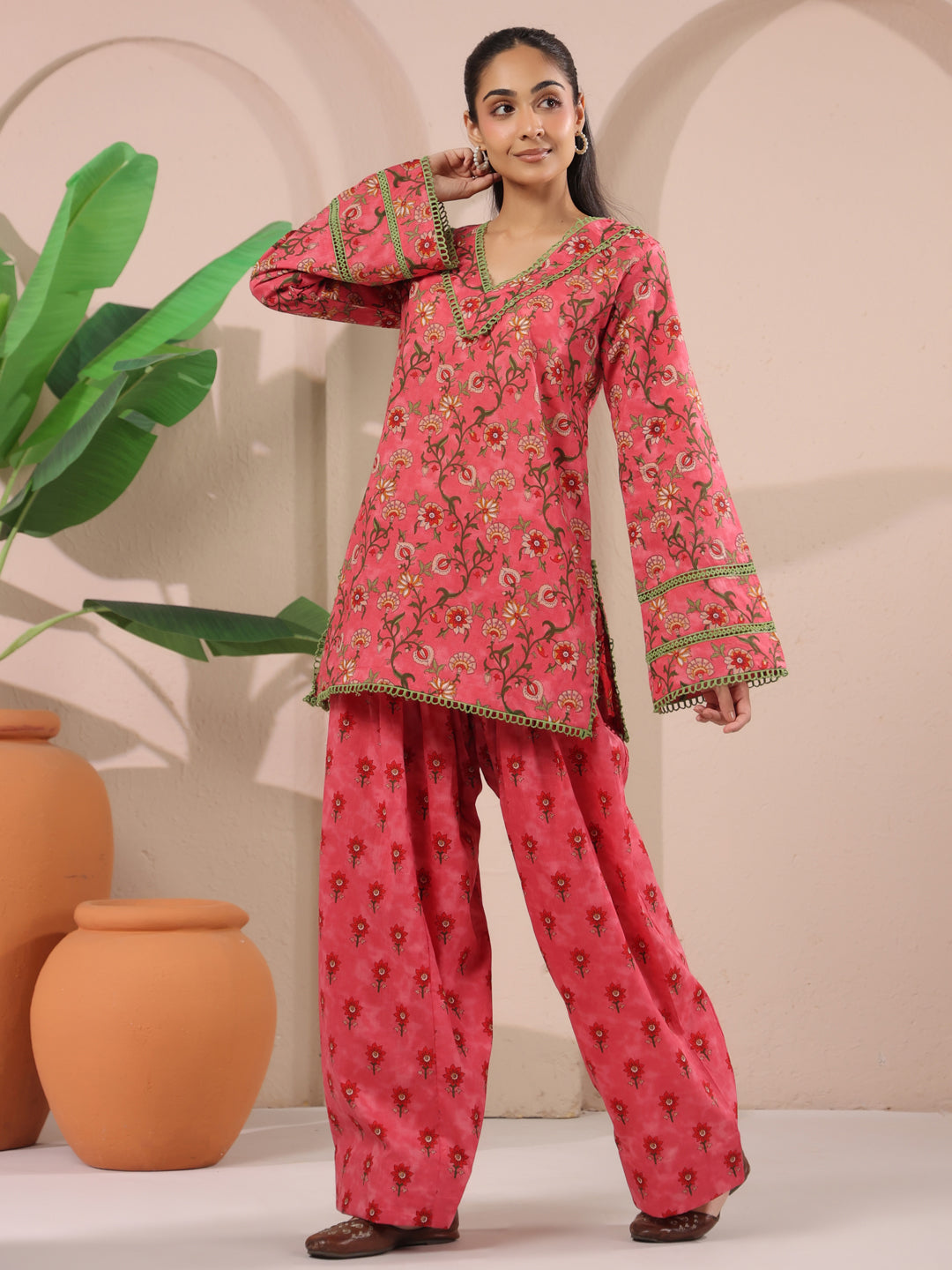 Pink Floral Printed Cotton Farshi Salwar Set