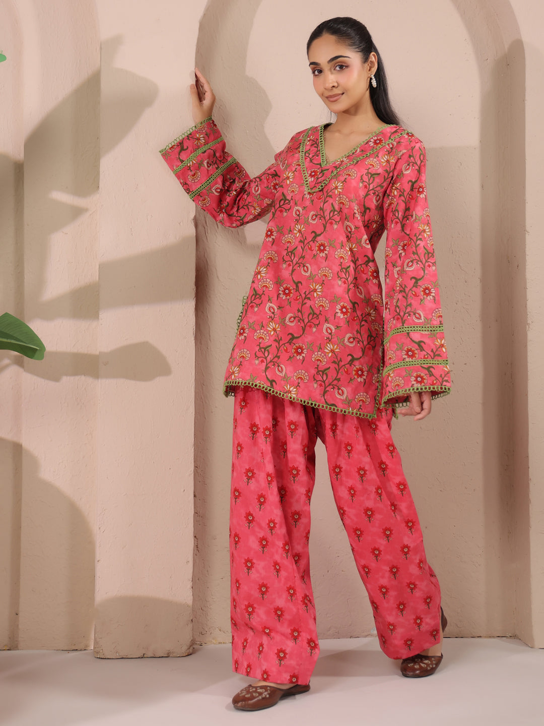 Pink Floral Printed Cotton Farshi Salwar Set
