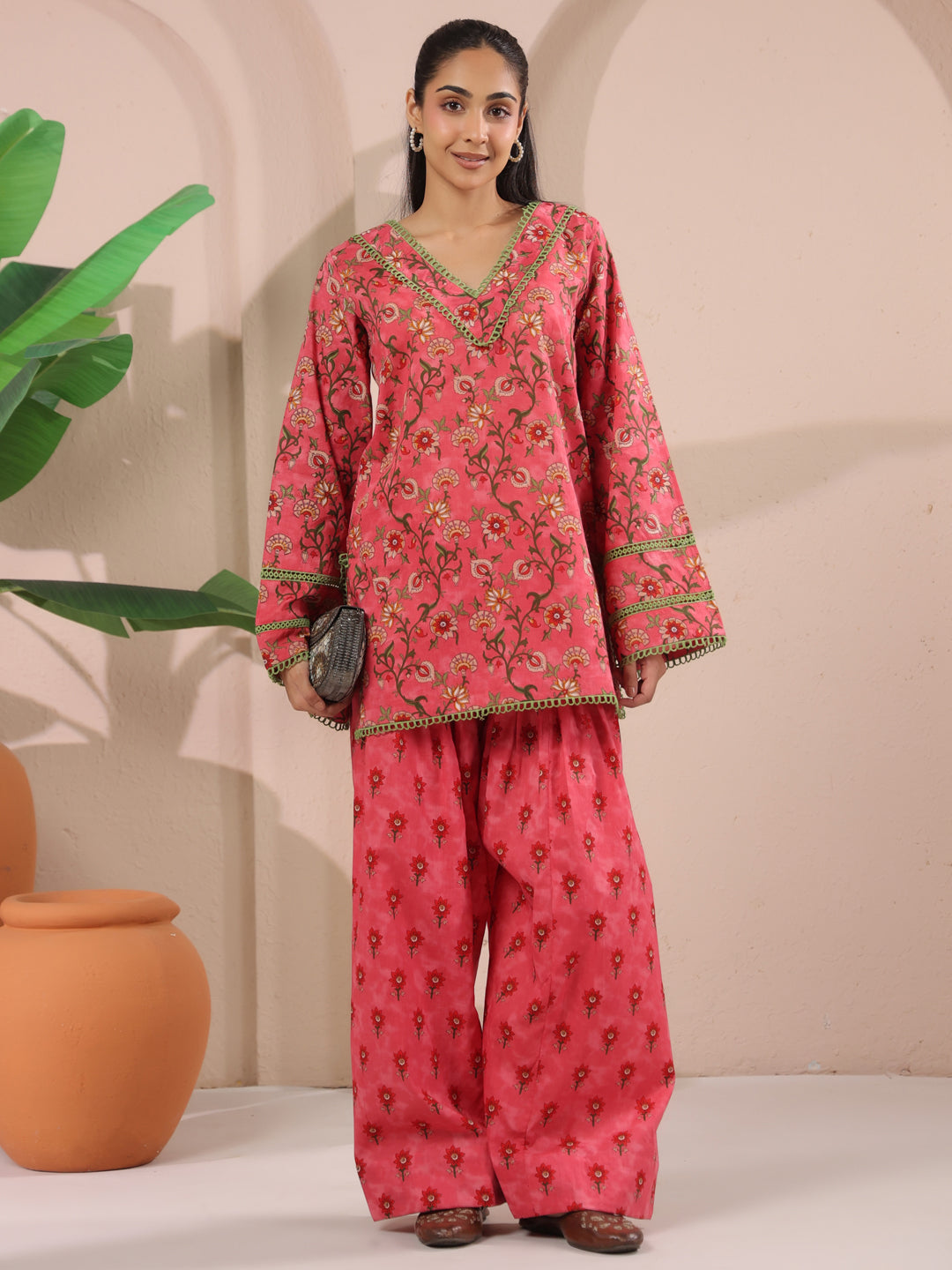 Pink Floral Printed Cotton Farshi Salwar Set