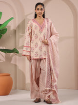 Cream Printed Cotton Kurta, Farshi Salwar & Dupatta Set