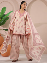 Cream Printed Cotton Kurta, Farshi Salwar & Dupatta Set