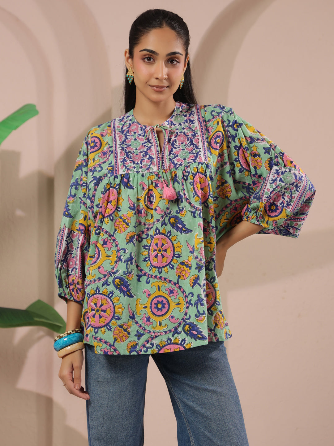 Seagreen Floral Printed Pure Cotton Boho Top