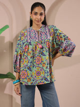 Seagreen Floral Printed Pure Cotton Boho Top