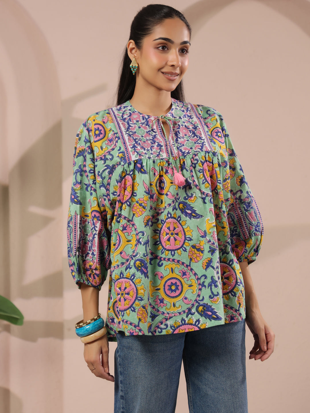 Seagreen Floral Printed Pure Cotton Boho Top